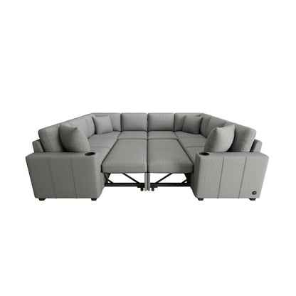Modern U-shaped Sectional Sofa Convertible Pull-out Sofa Bed with USB Ports and Cup Holders, Gray Chenille, 108.7'