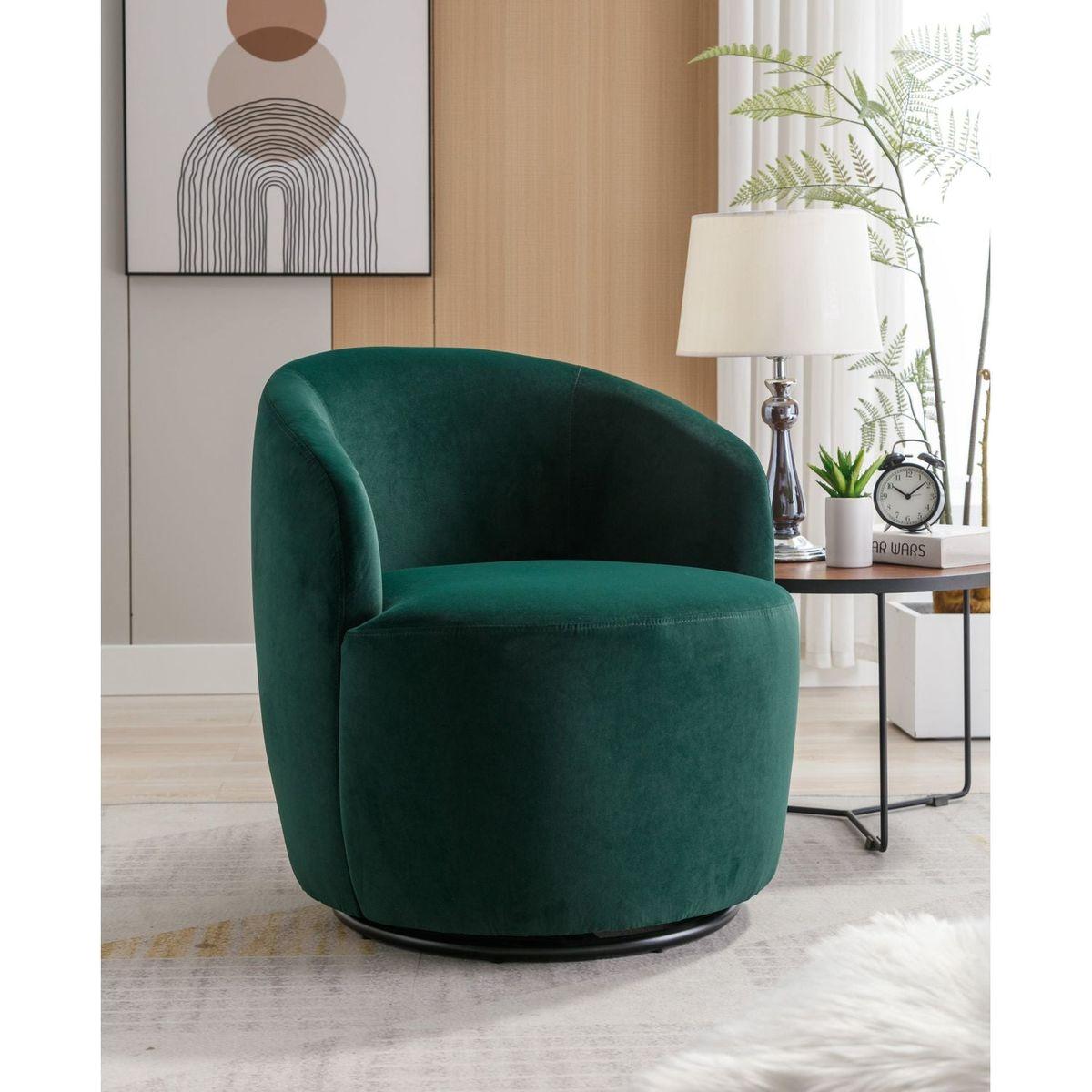 Velvet Fabric Swivel Accent Armchair Barrel Chair With Black Powder Coating Metal Ring,Green