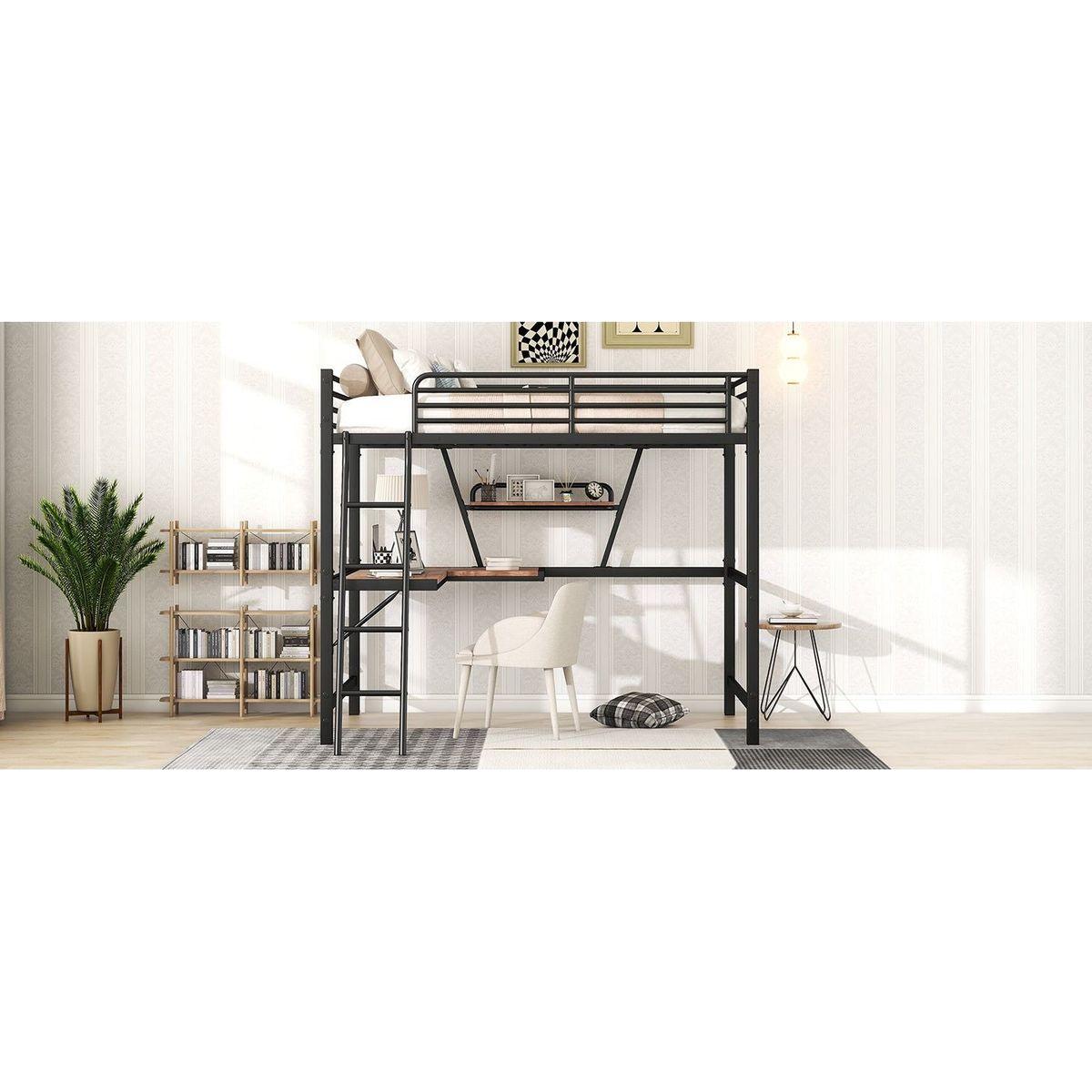Full Size Loft Metal&MDF Bed with Desk and Shelf, Black