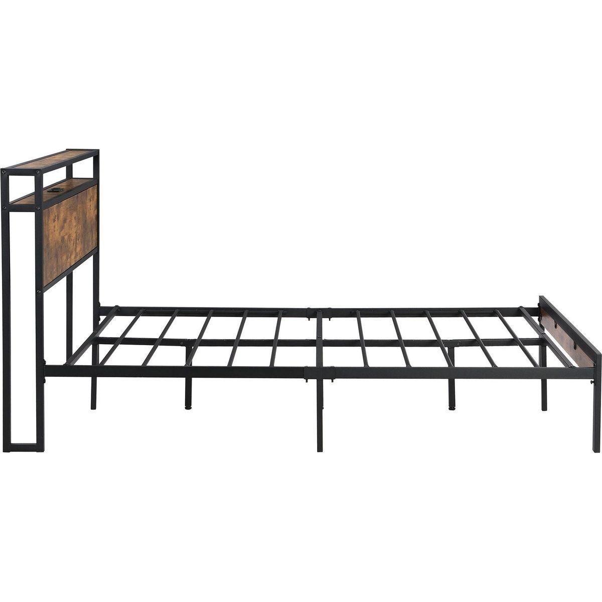 King Size Metal Platform Bed Frame with Wooden Headboard and Footboard with USB LINER, No Box Spring Needed, Large Under Bed Storage, Easy Assemble