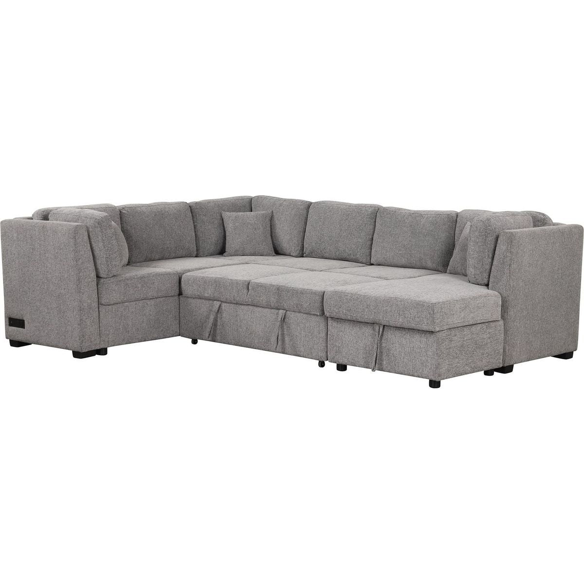 108.6" U-shaped Sectional Sofa Pull out Sofa Bed with Two USB Ports, Two Power Sockets, Three Back Pillows and a Storage Chaise for Living Room, Light Gray