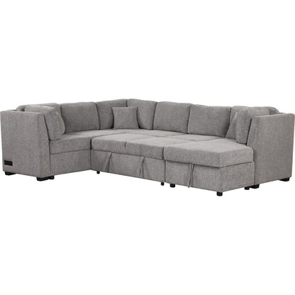 108.6" U-shaped Sectional Sofa Pull out Sofa Bed with Two USB Ports, Two Power Sockets, Three Back Pillows and a Storage Chaise for Living Room, Light Gray