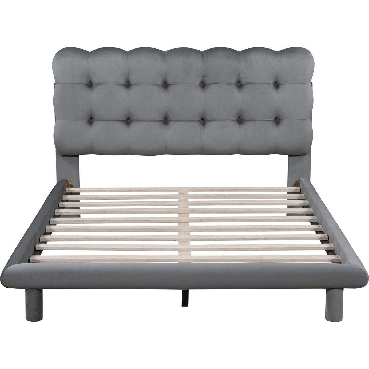 Full Size Velvet Platform Bed with LED Frame, Thick & Soft Fabric and Button-tufted Design Headboard, Gray