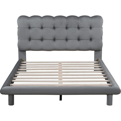 Full Size Velvet Platform Bed with LED Frame, Thick & Soft Fabric and Button-tufted Design Headboard, Gray