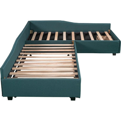 Upholstered Double Twin Size Daybed with Trundle and Drawer, Green