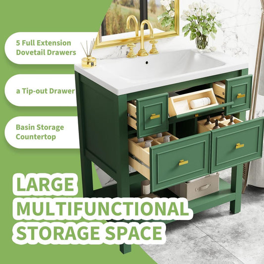 30" Bathroom Vanity with Resin Sink Combo, Free Standing Single Vanity Set with 5 Drawers, Solid Wood Frame Bathroom Storage Cabinet, Green