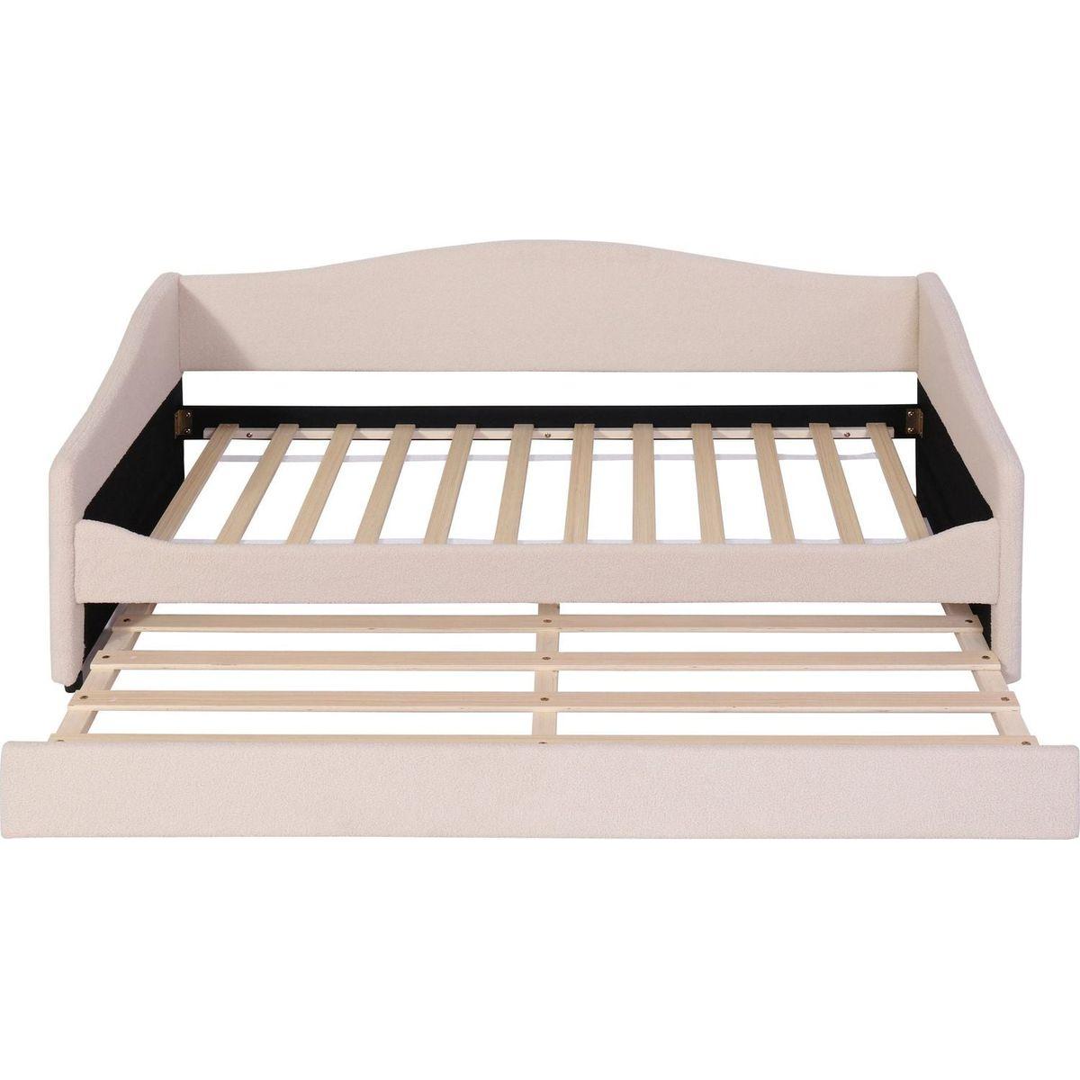Teddy Fleece Twin Size Upholstered Daybed with Light and Trundle, Beige