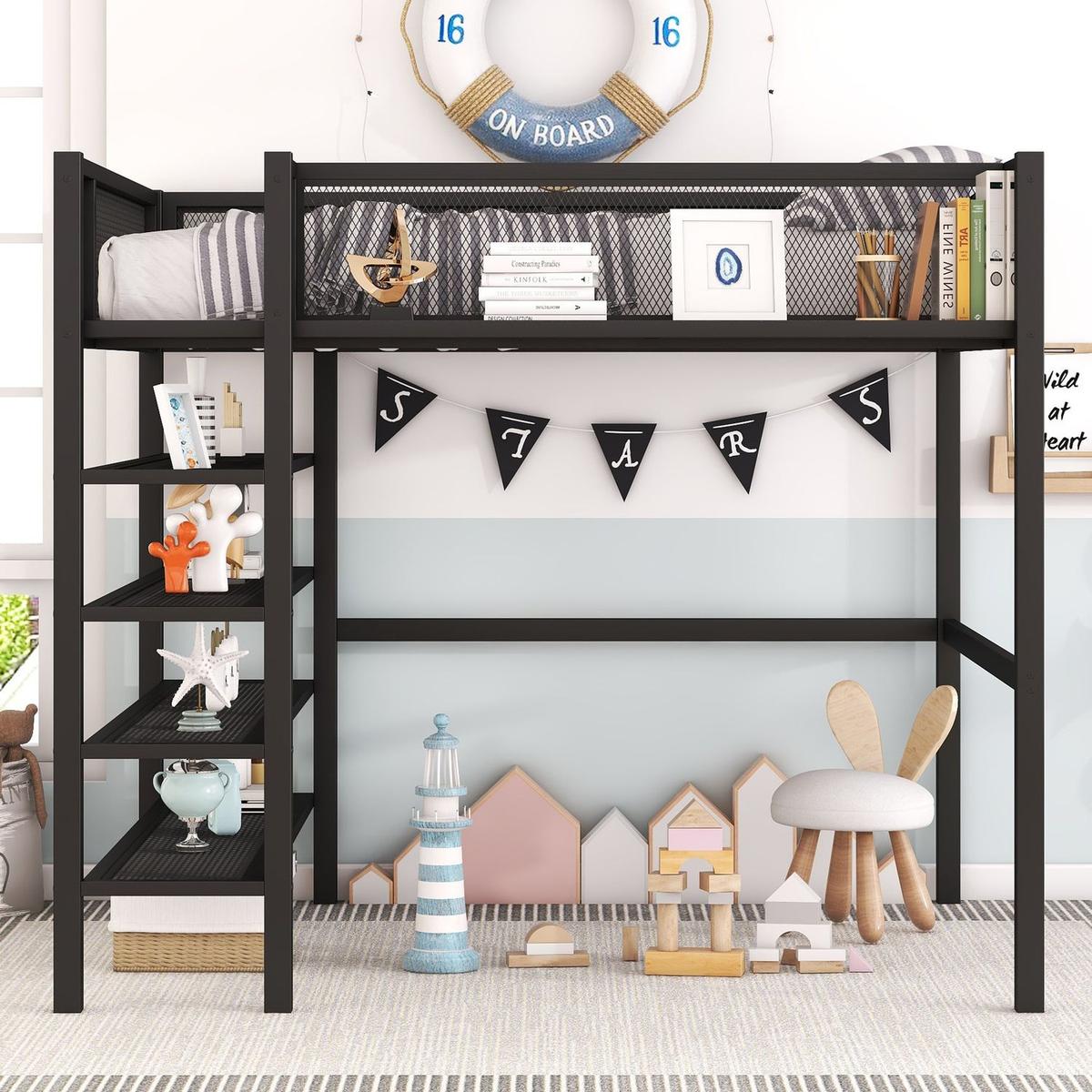 Full Size Metal Loft Bed with 4-Tier Shelves and Storage, Black