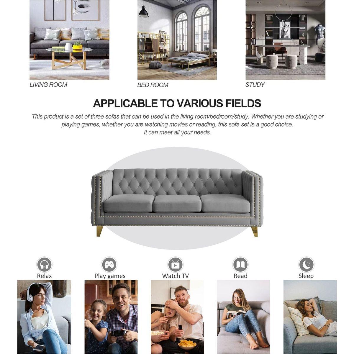 Velvet Sofa for Living Room,Buttons Tufted Square Arm Couch, Modern Couch Upholstered Button and Metal Legs, Sofa Couch for Bedroom, Grey Velvet .2PCS
