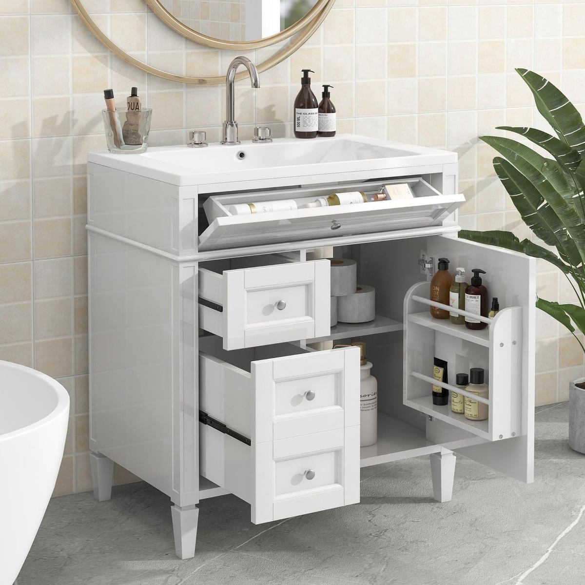 30" Bathroom Vanity with Top Sink, Modern Bathroom Storage Cabinet with 2 Drawers and a Tip-out Drawer, Single Sink Bathroom Vanity