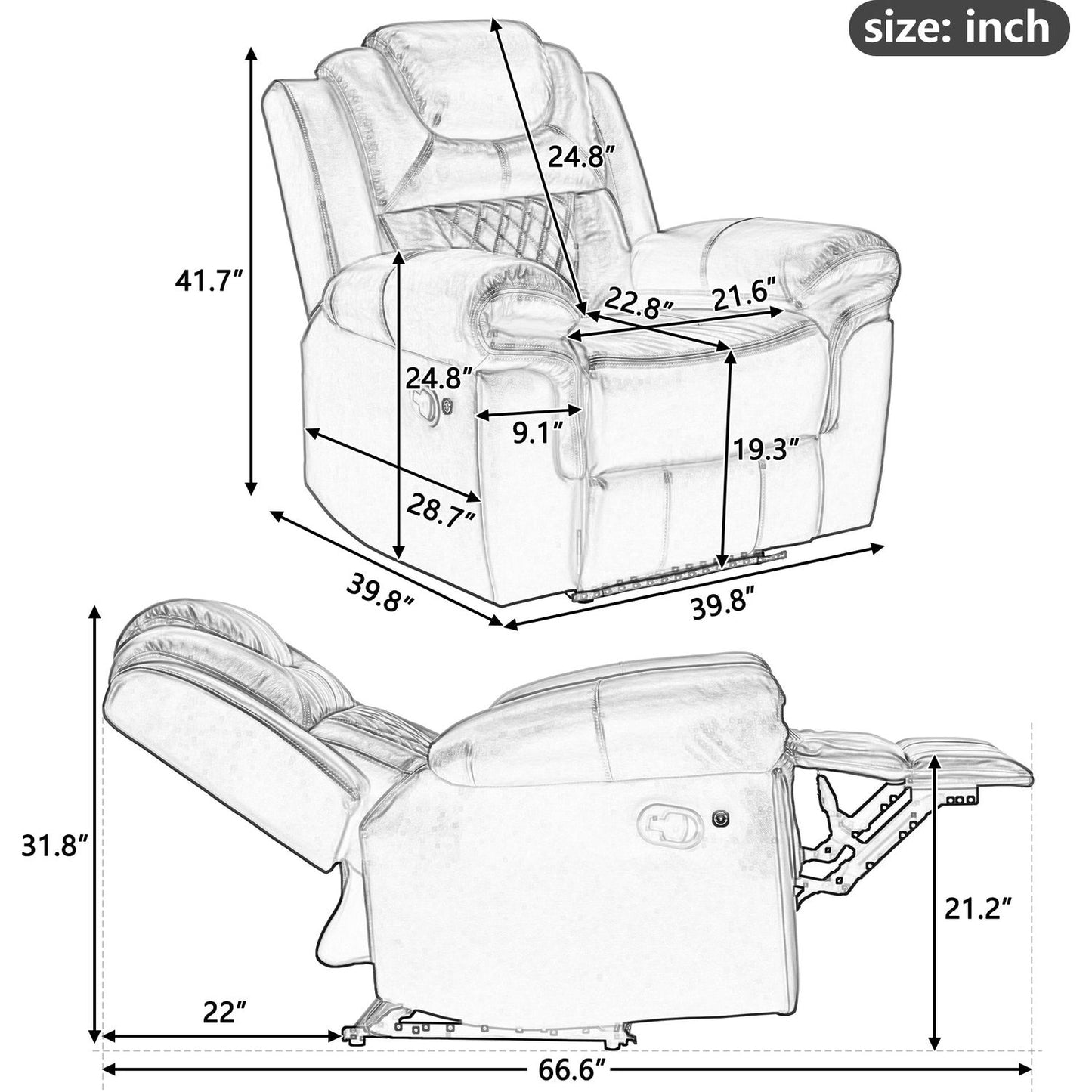 Home Theater Seating Manual Recliner Chair with LED Light Strip for Living Room,Bedroom, Wind Red