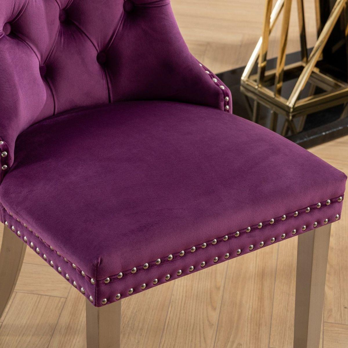 Nikki Collection Modern, High-end Tufted Solid Wood Contemporary Velvet Upholstered Dining Chair with Chrome Stainless Steel Plating Legs,Nailhead Trim,Set of 2,Purple and Chrome