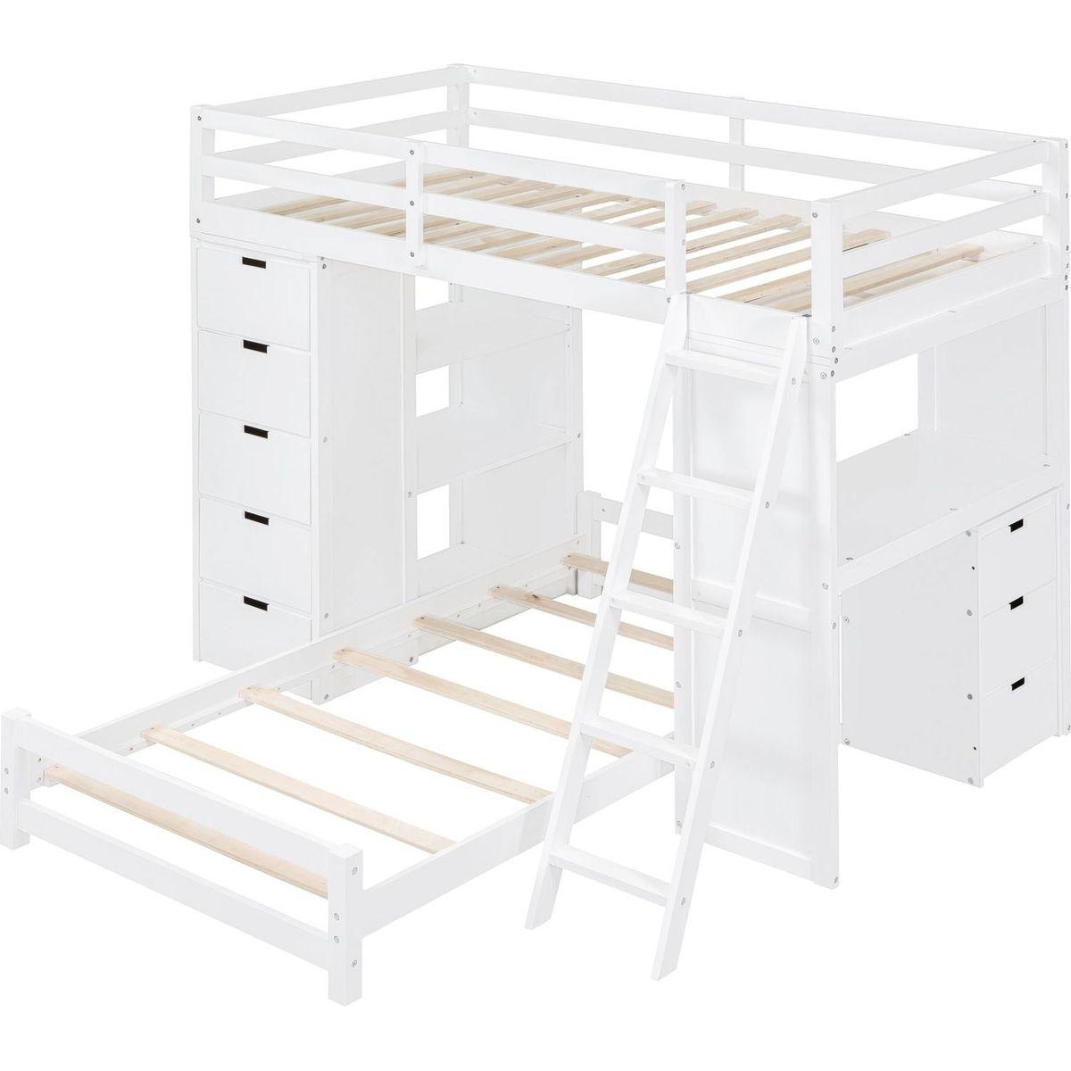 Twin over Twin Bunk Bed with LED Light and USB Ports, White