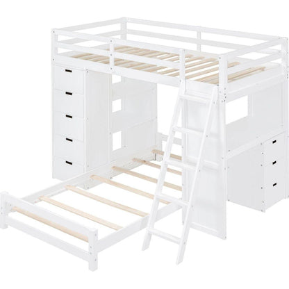 Twin over Twin Bunk Bed with LED Light and USB Ports, White