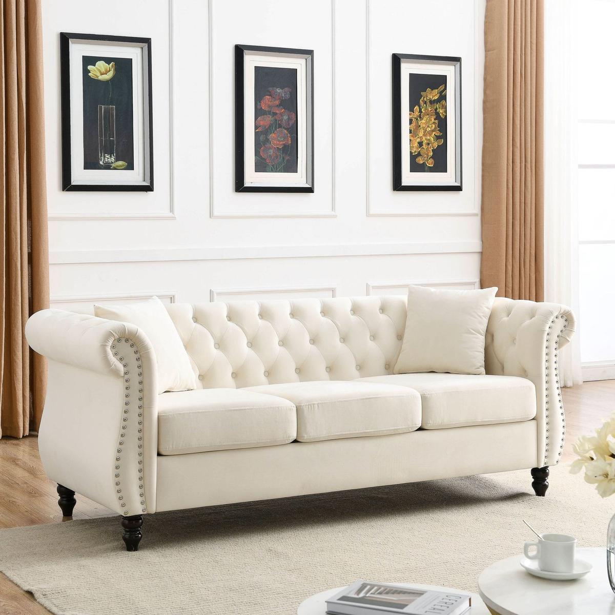 80" Chesterfield Sofa Beige Velvet for Living Room, 3 Seater Sofa Tufted Couch with Rolled Arms and Nailhead for Living Room, Bedroom, Office, Apartment, two pillows