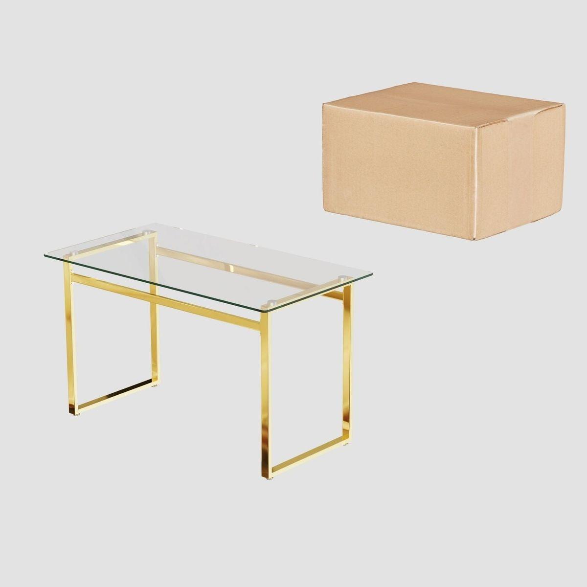 Modern Minimalist Rectangular Glass Dining Table for 4-6 with 0.31" Tempered Glass Tabletop and Golden Chrome Metal Legs, Writing Table Desk, for Kitchen Dining Living Room, 51" W x 27"D x 30" H