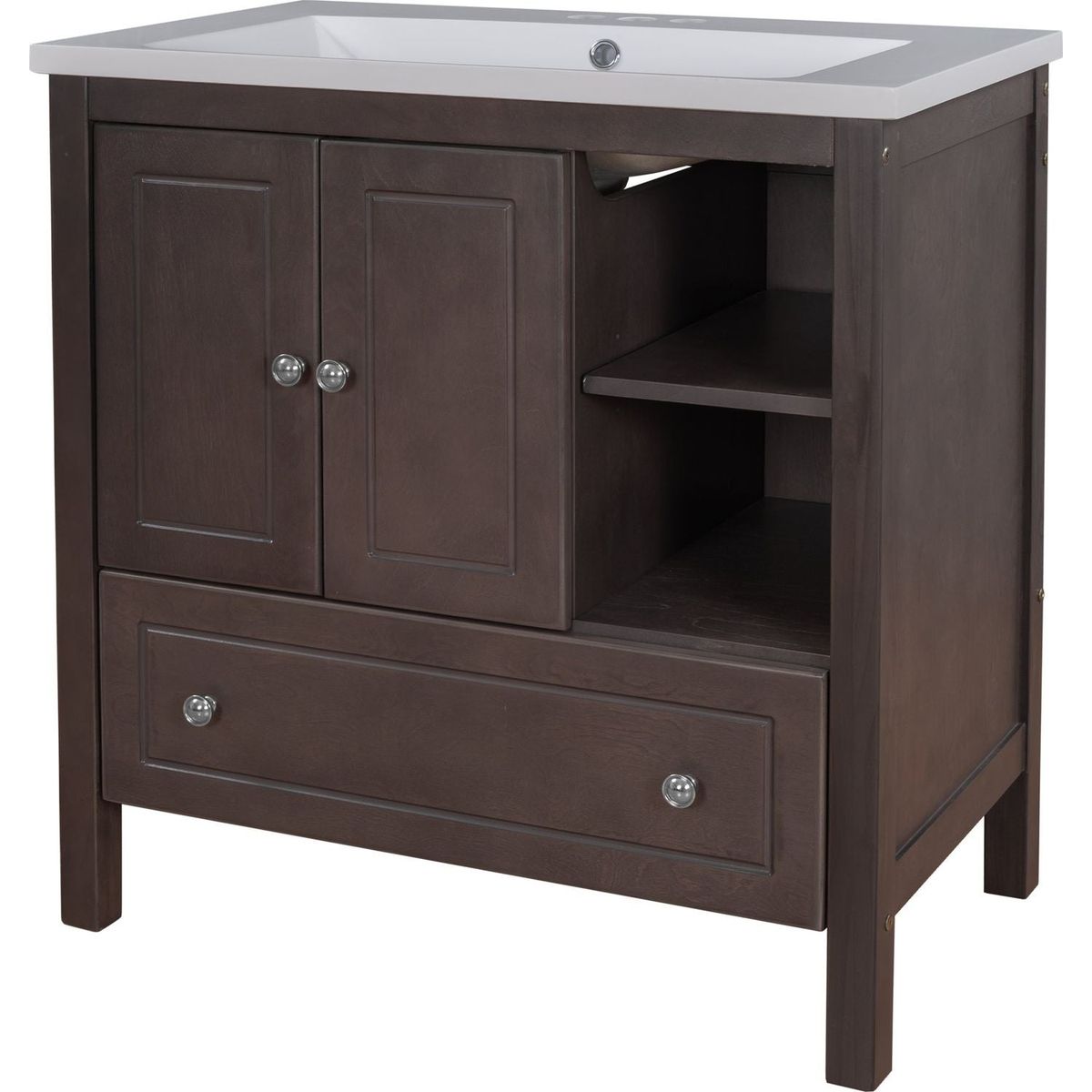 30" Bathroom Vanity with Sink, Bathroom Storage Cabinet with Doors and Drawers, Solid Wood Frame, Ceramic Sink, Brown