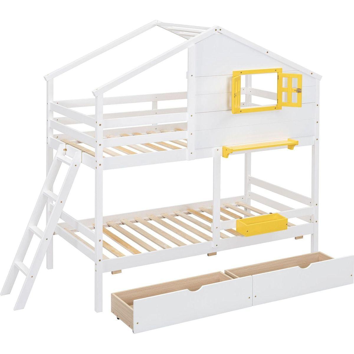 Twin over Twin Bunk Bed with 2 Drawers, 1 Storage Box, 1 Shelf, Window and Roof-White