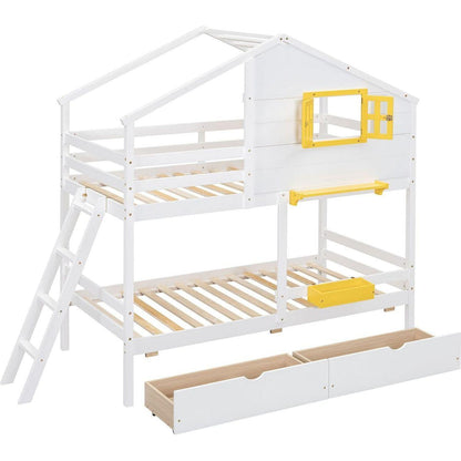 Twin over Twin Bunk Bed with 2 Drawers, 1 Storage Box, 1 Shelf, Window and Roof-White