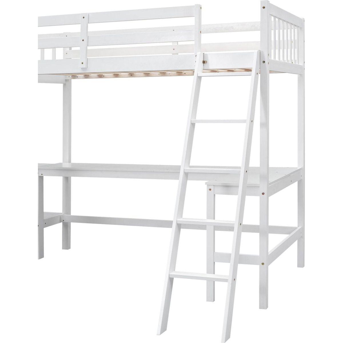 Wood Twin Size L-Shaped Loft Bed with Ladder and 2 Built-in L-Shaped Desks, White