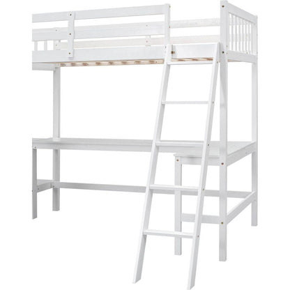 Wood Twin Size L-Shaped Loft Bed with Ladder and 2 Built-in L-Shaped Desks, White
