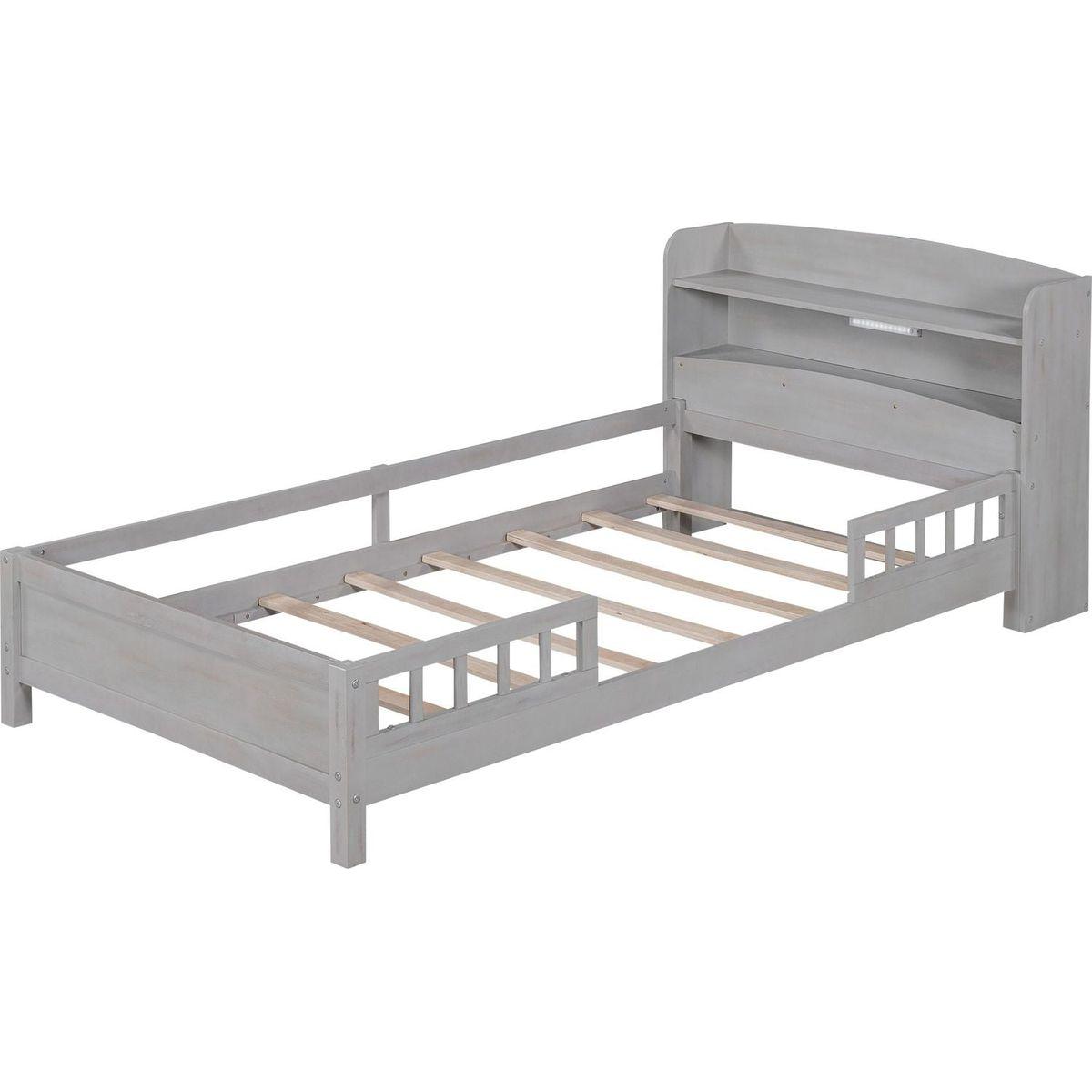 Wood Twin Size Platform Bed with Built-in LED Light, Storage Headboard and Guardrail, Antique Grey