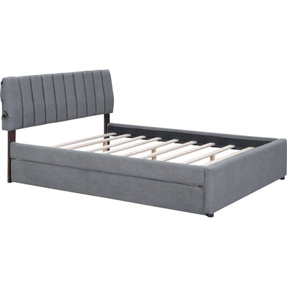 Teddy Fleece Queen Size Upholstered Platform Bed with Trundle, Gray