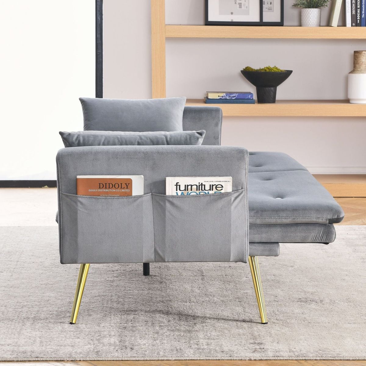 72.5" Convertible Sofa Bed, Adjustable Velvet Sofa Bed - Velvet Folding Lounge Recliner - Reversible Daybed - Ideal for Bedroom with Two Pillows and Center Leg