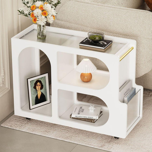 Mobile End Table with Lockable Wheels, Narrow Coffee Table with 5mm Thick Fluted Tempered Glass, Modern Nightstand with Golden Round Rod, Living Room, White, 31.5"W x11.8"D x 23.1"H