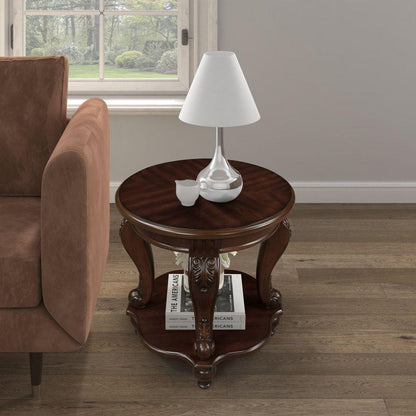 22" Retro Round End Table,Solid Wood Sofa Side Table with Shelf,Living Room Corner Table Easy Assemble,Cherry (color written on box is Light Espresso