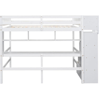 Full Size Loft Bed with Built-in Desk, Bookshelves and Storage Staircase,White