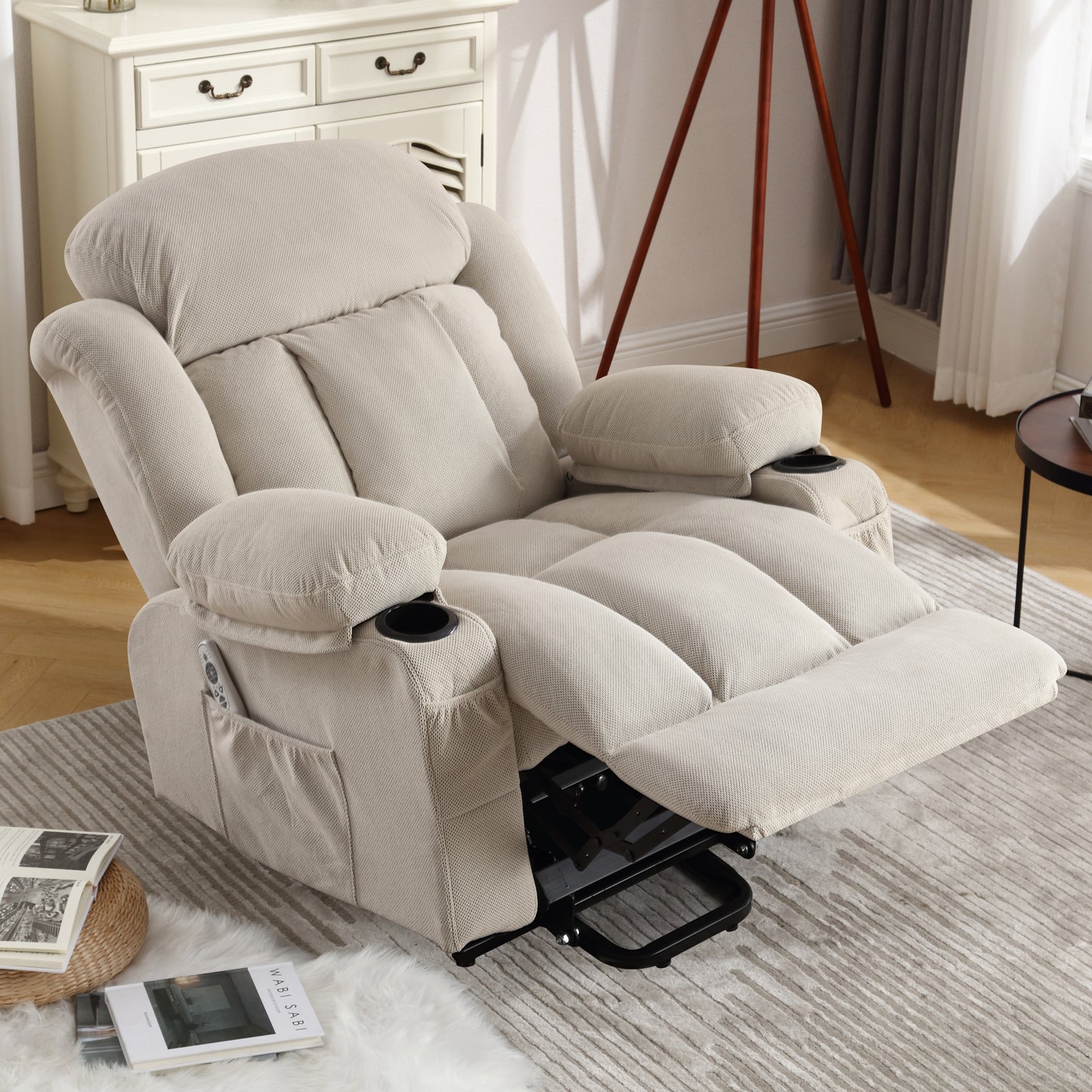 Power Lift Recliner Chair with Heat and Massage Electric Fabric Recliner Chair for Elderly with Side Pocket, USB Charge Port, Remote Control for Living Room (BEIGE)A+B