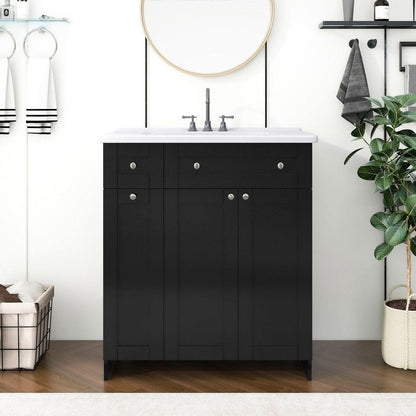 30-Inch Black Bathroom Vanity with Ceramic Sink Combo, Abundant Storage Cabinet - 2 Soft-close Doors and Double-tier Deep Drawer