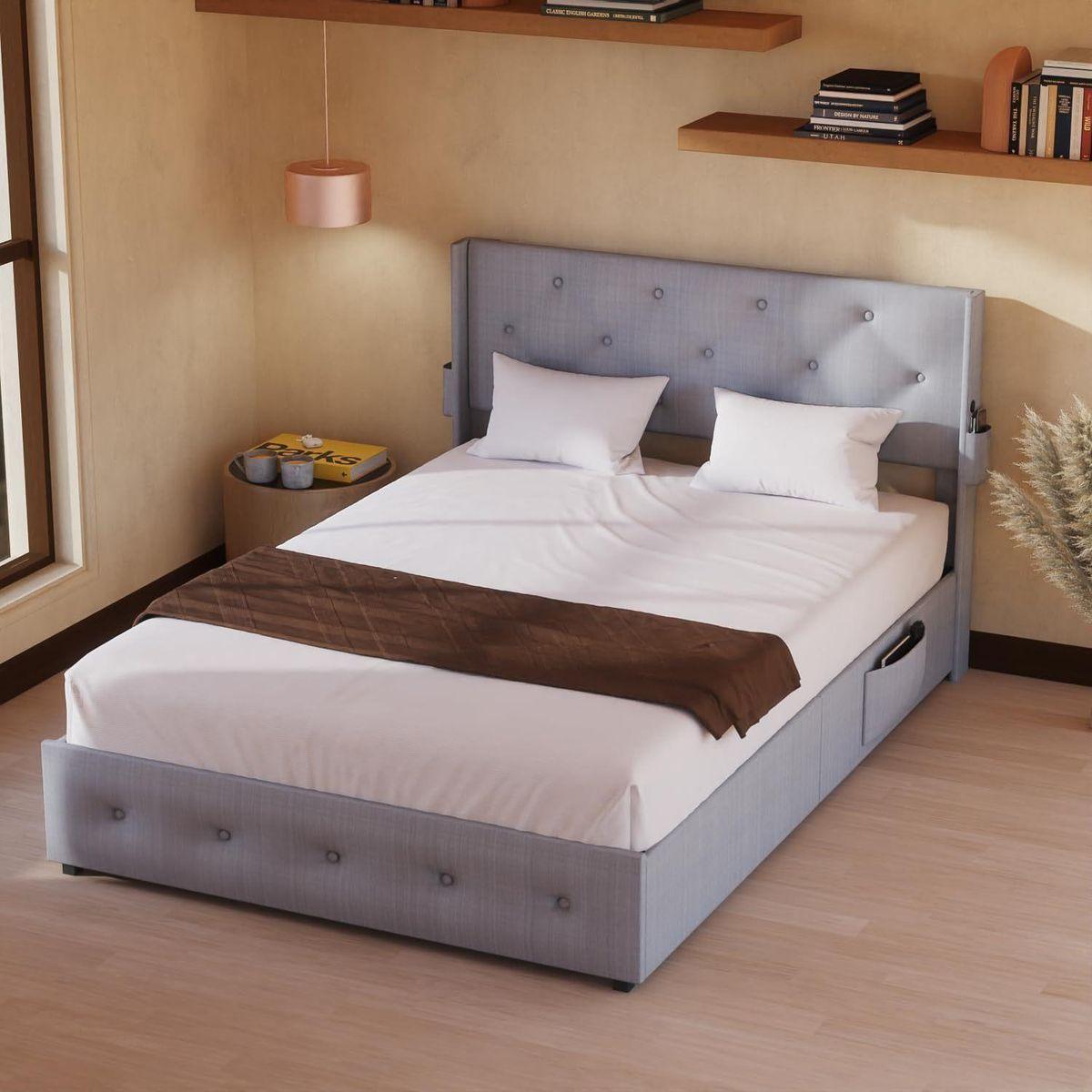 Queen Size Bed Frame with Storage - Lift Up Storage Bed with Modern Wingback Headboard, USB Ports