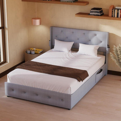 Queen Size Bed Frame with Storage - Lift Up Storage Bed with Modern Wingback Headboard, USB Ports