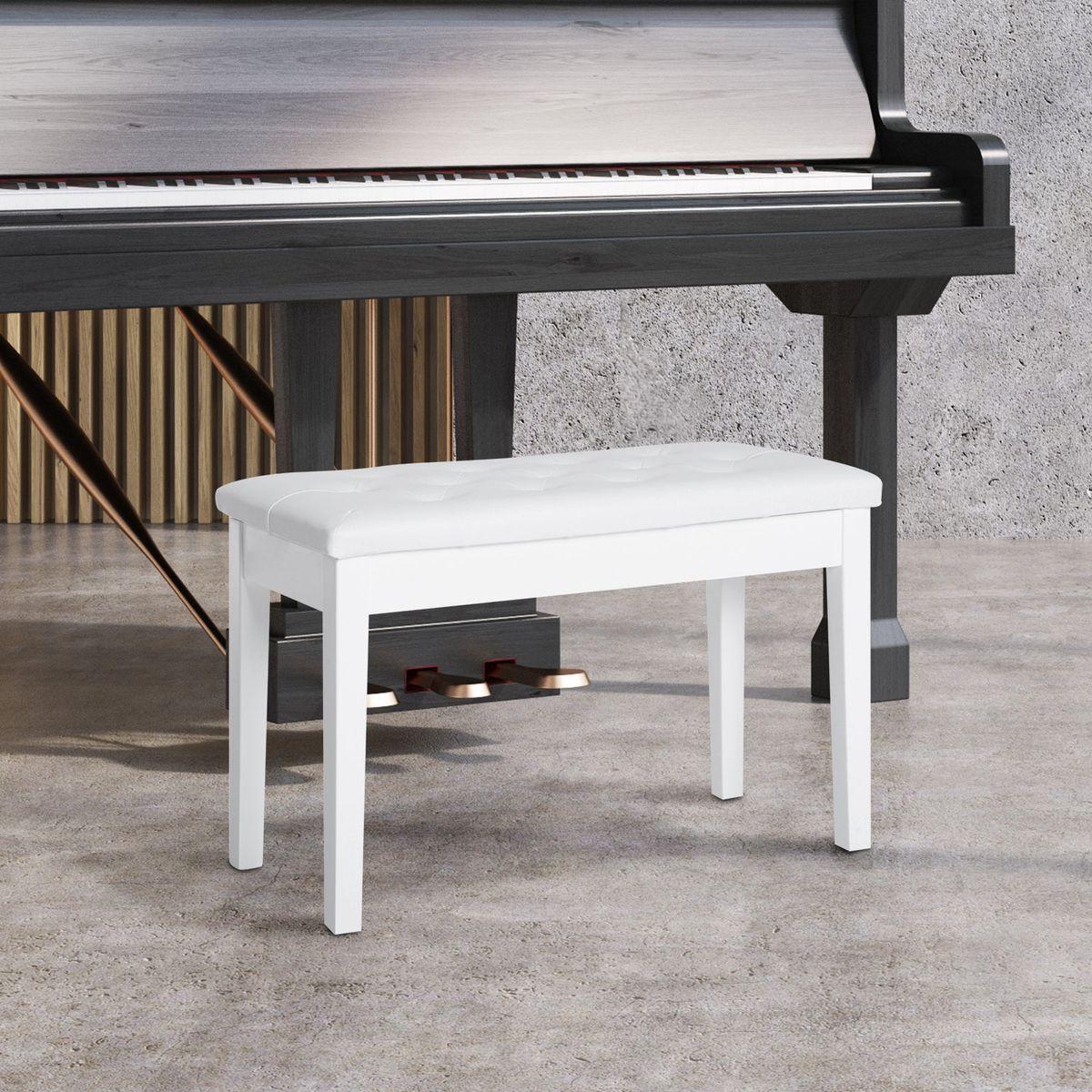 Piano Bench, Duet Piano Chair with Faux Leather Padded Cushion and Wooden Frame, Button Tufted Keyboard Bench, White