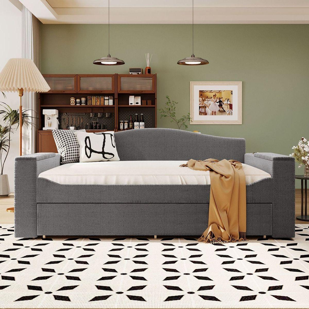 Full Size Upholstered Daybed with Storage Armrests, Trundle and Latest Integrated Bluetooth Audio System, Teddy Fleece, Gray