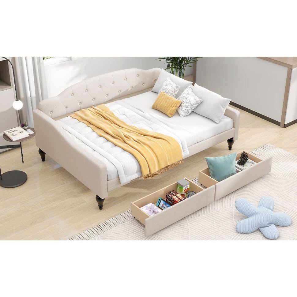 Full Size Upholstered Tufted Daybed with Two Drawers, Beige