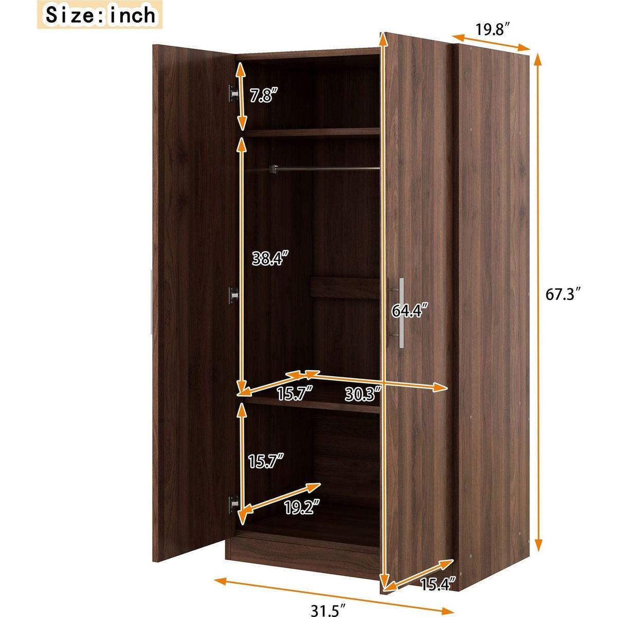 2-Door Wooden Wardrobe Armoire with 3 Storage Shelves, Brown
