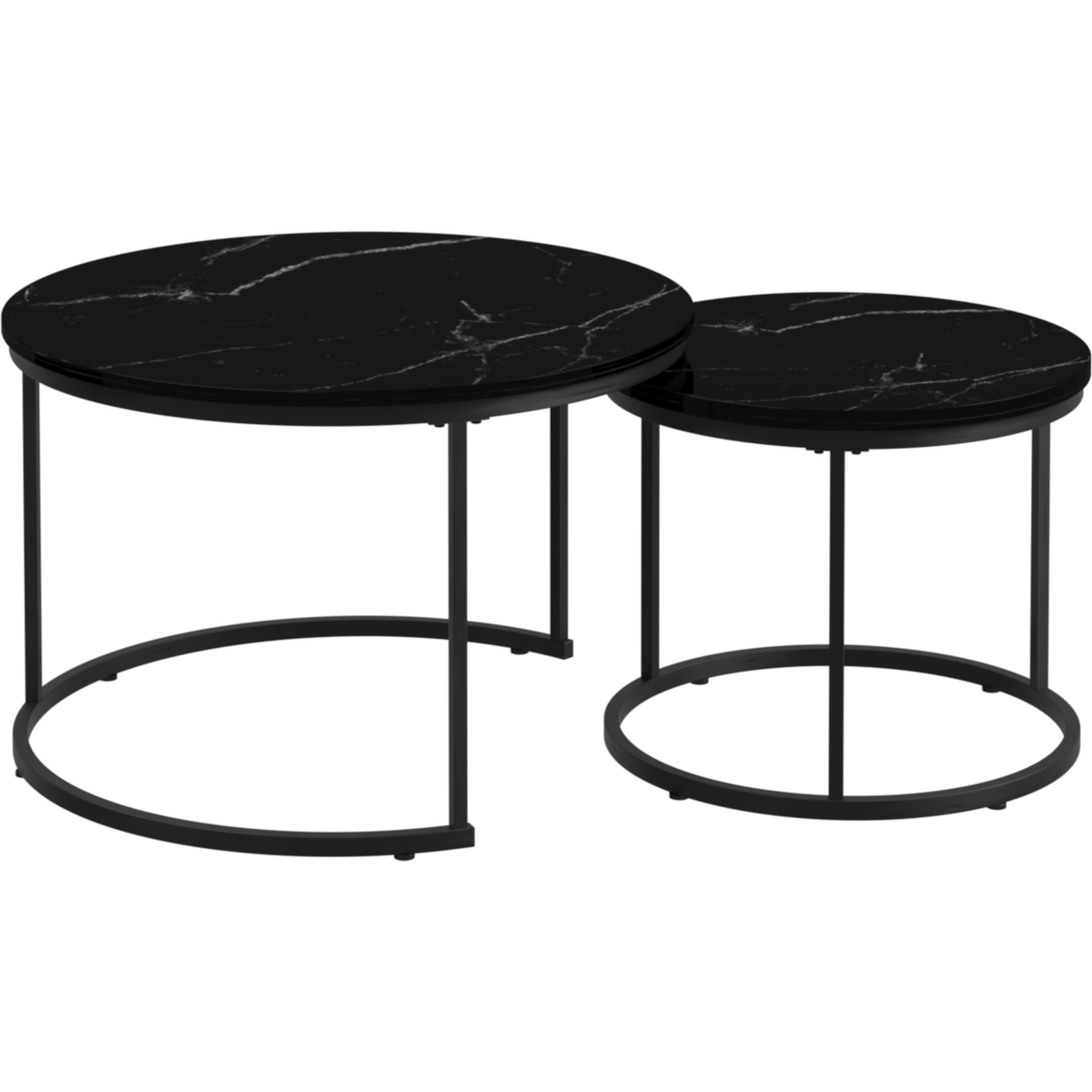 Nesting Coffee Table Set of 2, 27.6inch Round Coffee Table Wood Marble Pattern Top with Sturdy Metal Frame, End Table Side Tables for Living Room Bedroom Balcony Yard (Black)
