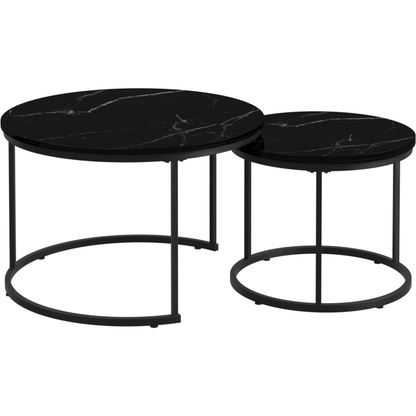 Nesting Coffee Table Set of 2, 27.6inch Round Coffee Table Wood Marble Pattern Top with Sturdy Metal Frame, End Table Side Tables for Living Room Bedroom Balcony Yard (Black)