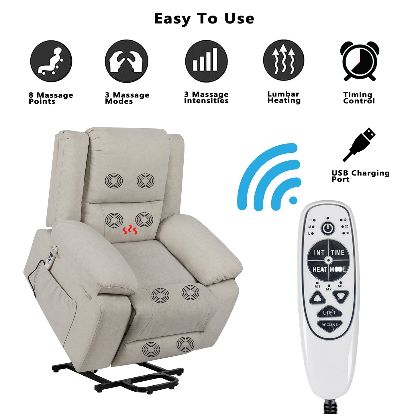 Electric Power Recliner Chair With Massage For Elderly, Remote Control Multi-function Lifting, Timing, Cushion Heating Chair With Side Pocket Beige