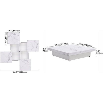 Square Marble Veneer Coffee Table Sliding Top with Storage in White 39.4"