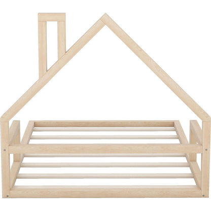 Full Size Wood Floor Bed with House-shaped Headboard, Natural