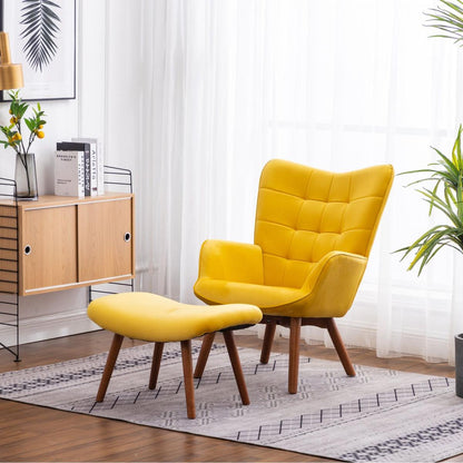 Leiria Contemporary Silky Velvet Tufted Accent Chair with Ottoman, Yellow