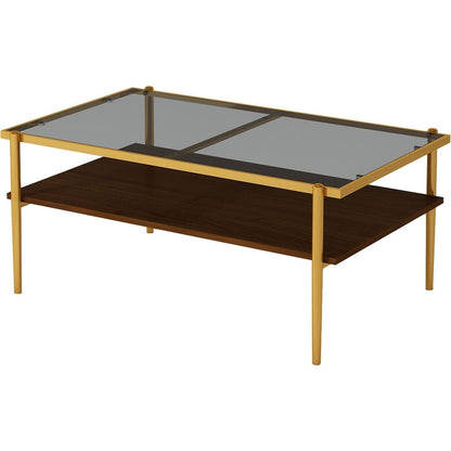 Rectangle Coffee Table with Gray Tempered Glass top and Golden Legs, Modern Table for Living Room