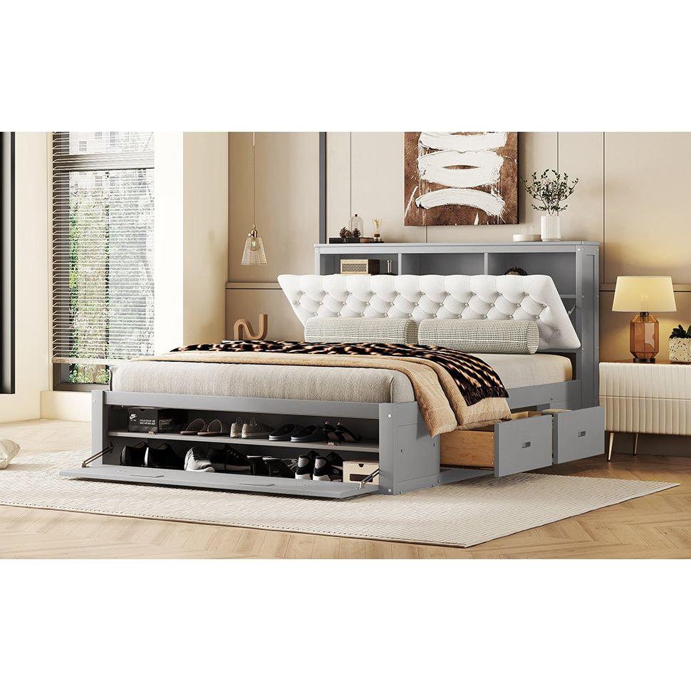 Wood Queen Size Platform Bed with Storage Headboard, shoe rack and 4 drawers,Gray