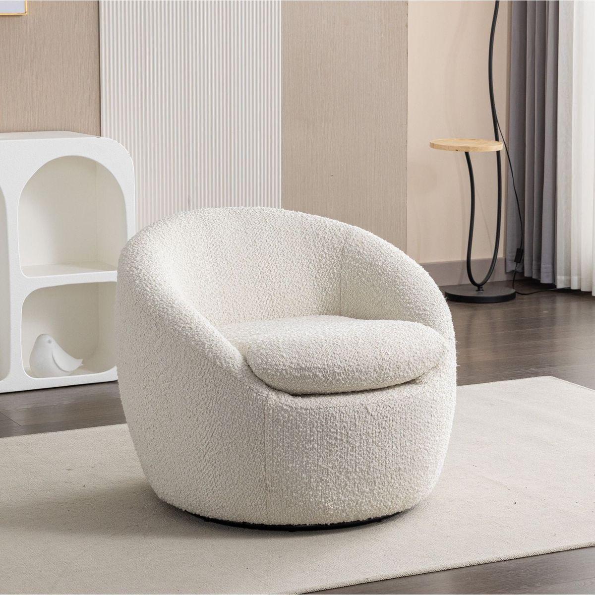 Winnie Modern Teddy Boucle Fabric Barrel Chair, 360 Swivel, White