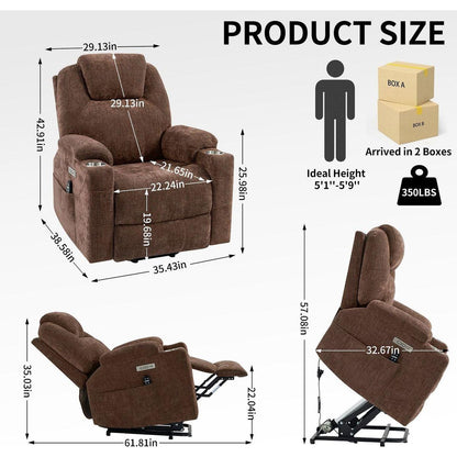 Okin motor Up to 350 LBS Chenille Power Lift Recliner Chair, Heavy Duty Motion Mechanism with 8-Point Vibration Massage and Lumbar Heating, USB and Type-C Ports, Stainless Steel Cup Holders, Brown