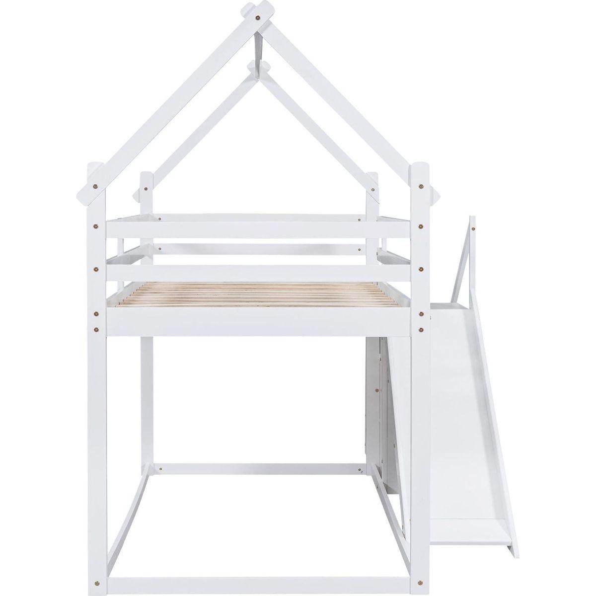 Twin over Twin House Loft or Bunk Bed with Slide and Staircase, White
